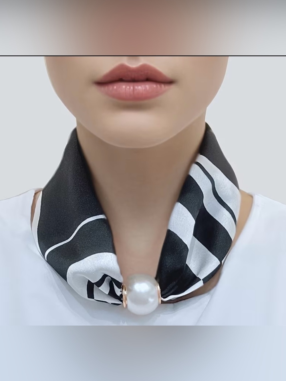 Black & White Striped Satin Neck Scarf with Pearl Accent New